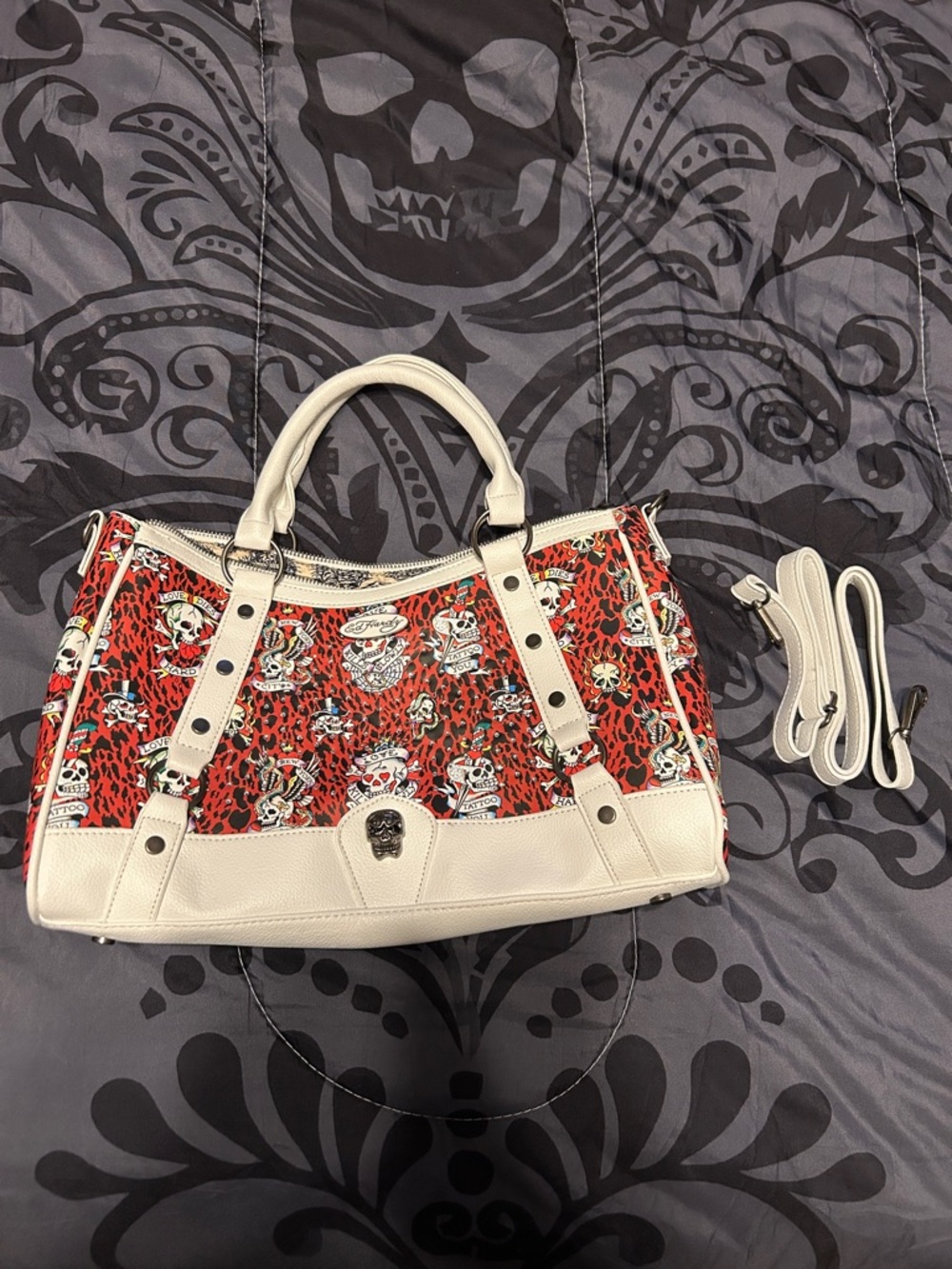 Ed Hardy Red & Cream Skull Print Satchel with Detachable Strap